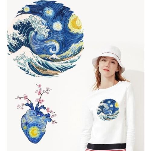Iron-on Transfers Van Gogh Painting The Starry Night Art stripe Thermal Vinyl Heat Transfer Patch For Clothes Applique Sticker