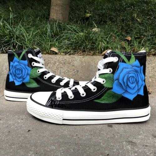 Wen Original Shoes Hand Painted Design Custom Sneakers Blue Rose High Top Black Canvas Sneakers for Men Women