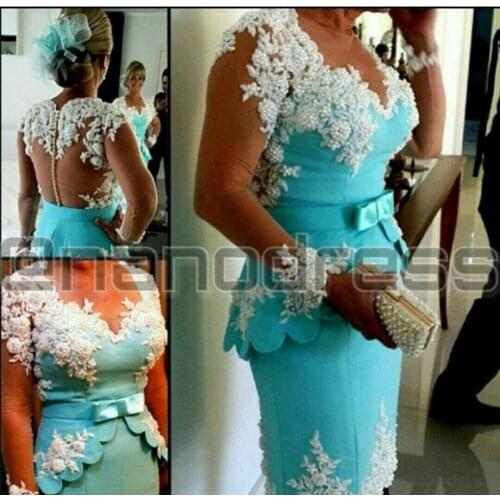 Vestido xadrez Arabian Design Blue V Neck Appliqued Beaded Pearls Peplum Long Sleeve Prom mother of the bride Dresses