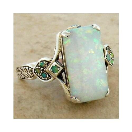 Vintage Antique Silver Color Rings Bohemian Rectangle Colorful Opal Stone Rings For Women Elegant Wedding Jewelry Wholesale