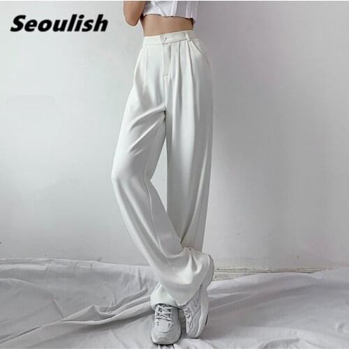 Seoulish Autumn 2021 New White Elegant Wide Leg Womens Pants Elastic High Waist Female Minimalism Office Work Chic Trousers