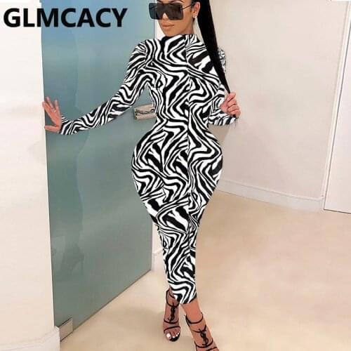 Women Zebra Printed Slim Bodycon Pencil Dress Elegant Party Club Maxi Dresses
