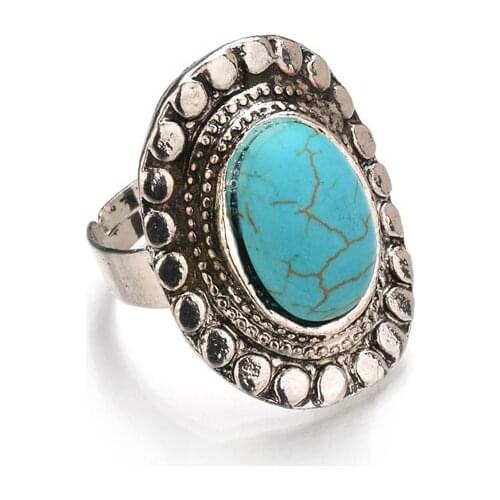 Vintage Boho Silver Color Blue Resin Stone Rings for Women Party Turquoises Antique Big Oval Adjustable Open Ring Jewelry Gifts