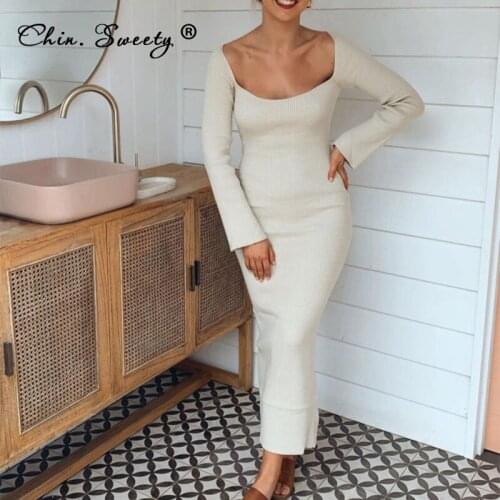 Womens Solid Long Sleeve Skinny Maxi Dress 2021 Autumn Square Collar Flare Sleeves Basic Dresses Ladies Sexy Fashion Vestidos