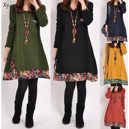 Plus Size Women Long Sleeve Floral Dress Ladies Loose Casual Holiday Party Dress