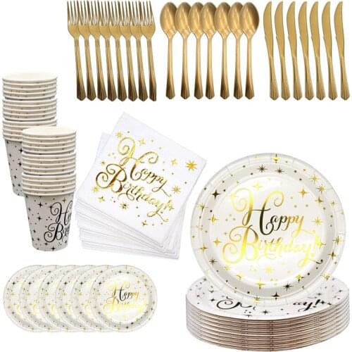 Gold Paper Party Happy Birthday Supplies Disposable Paper Plate Cup Birthday Party Decoration for Kids