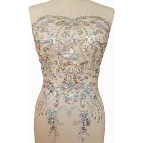 HOT New 38x56cm Handmade Beaded Sew On Crystal Sequin Stone Clear AB Applique Patches Sewing For DIY Wedding Dress Bodice Corset