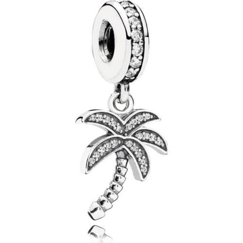 Sparkling Palm Tree Dangle Bead Charm for Women Bracelet Bangle Clear CZ Pendant Authentic S925 Silver DIY Jewelry