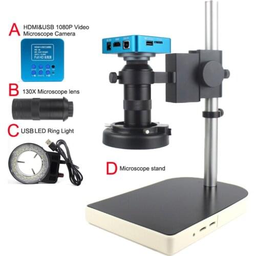 Full HD 1080P HDMI USB Video Digital Microscope Camera Kit Monocular 130X C Mount Lens LED Light For Phone Soldering Tools