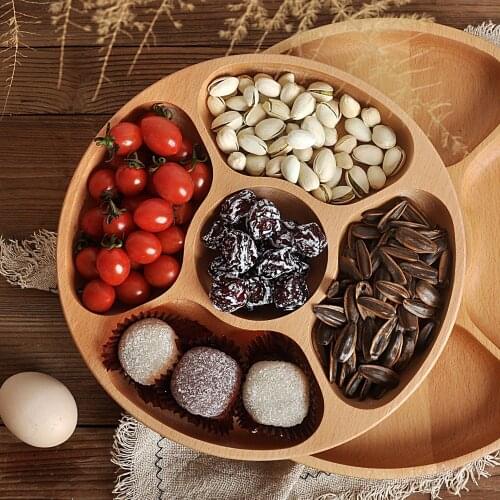 25/30CM Wooden Dried Fruit Snack Tray Household Division 5 Grids Wood Plate Round Wooden Fruit Tray