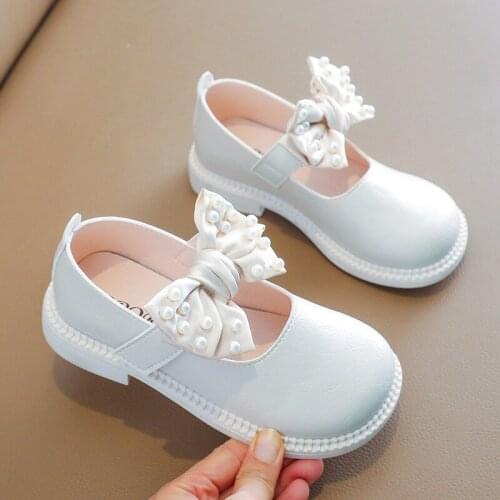 Kids Shoe Girl Leather Shoes For Children Autumn Princess Student Dress Shoes Party Fashion Pearl Bow 2021 Black White 3-12 Year