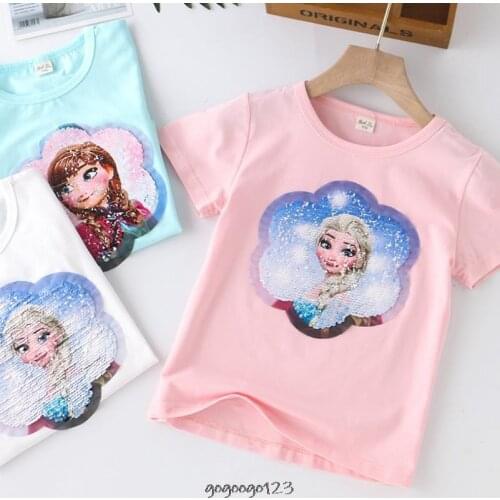 Disney Frozen Elsa Girl T-Shirt Cotton O-Neck Tees Cartoon Print Sequins on both sides Short Sleeve Summer Round Neck T-Shirt