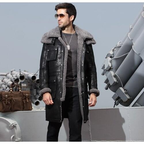 Genuine Leather Long Winter Real Fur Plus Size Men Sheepskin Coat Shearling Jacket 8115-1 KJ1136