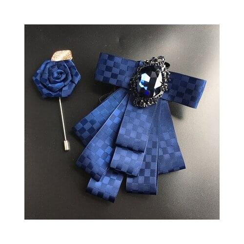 British Korean Style Bow Tie Groom Best Man Wedding Fashion Blue Black Plaid Rhinestone Bowties Mens Suit Accessories
