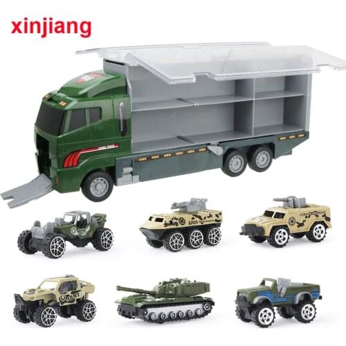 Truck & 6PCS Mini Alloy Diecast Car Model 1:64 Scale Toys Vehicles Carrier Truck Military Tank Car Toys For Kids Boys
