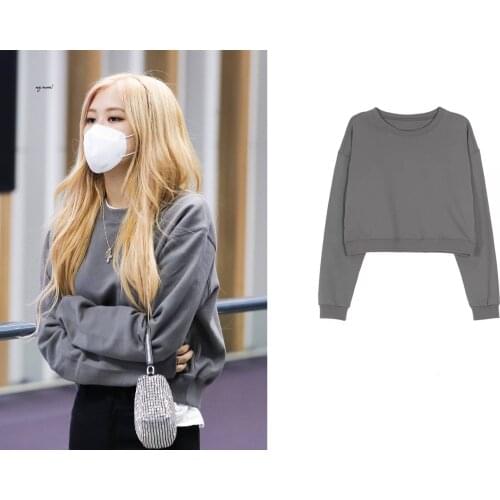 Kpop ROSE korean sexy long sleeved hoodies women spring new Harajuku O-neck pullover short sweatshirts ladies clothes