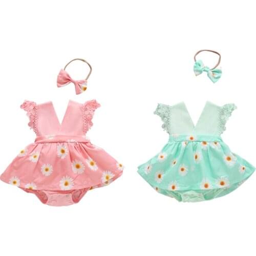 Summer Baby Romper Dress Off Shoulder Small Daisies Headband Outfit For Cute Girl Clothing