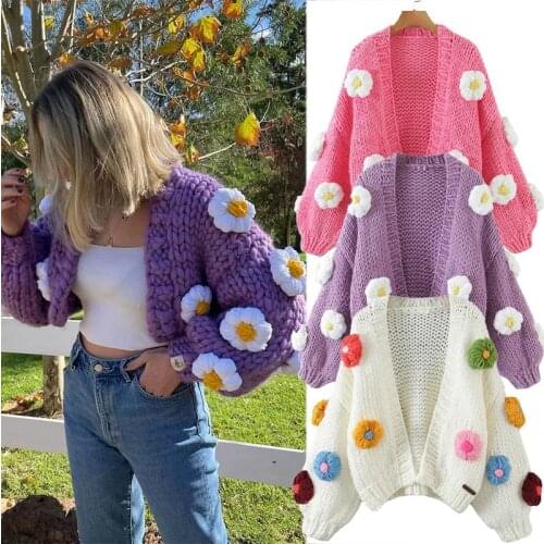 MEIYANGYOUNG Womens Fashion Knitting Sweater Coat Puff sleeve Cardigan Colorful Flowers Female Outerwear Loose Tops