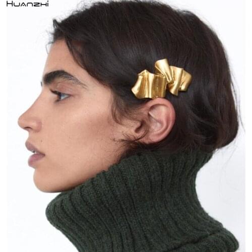 HUANZHI 2020 Metal Geometric Rectangle Golden Matte Multilayer Fold Barrette Exaggeration Hair Clip Accessories for Women Girl