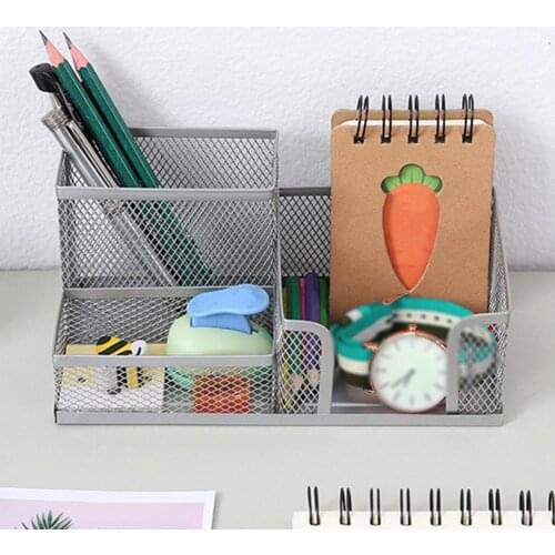 3 Grid Fashion Multi-function Office Supplies Iron Desktop Pen Holder Storage Box Mesh Organizer Home Stationery Case Gift