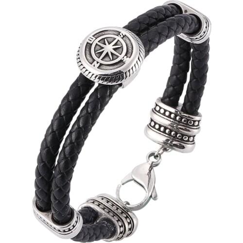 Trendy Men Jewelry Black Double Layer Leather Bracelet Stainless Steel Punk Charm Simple Bracelet SP0172