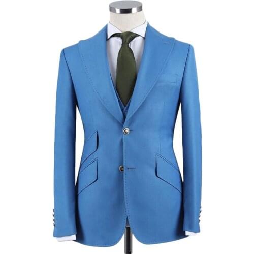 Blue Slim Fit Men Suits with Peaked Lapel Groom Tuxedo for Wedding Dinner Male Fashion Prom Costume 3 Pcs (Jacket+vest+ Pants)
