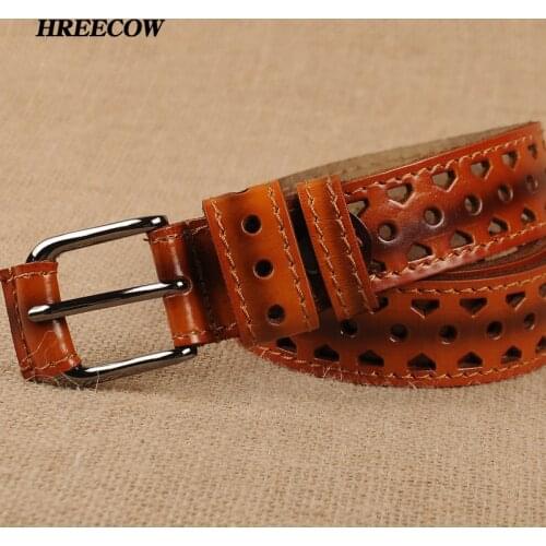 New product fashion Hollow out Cowhide leather Female belts Vintage Gun color drawing Lady Pin Buckle belt for women