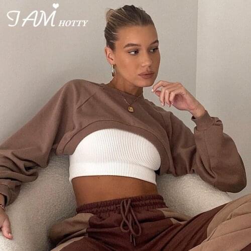 Solid Casual Sweatshirt Women All-match Basic Brown Pullovers Crewneck Long Sleeve T-shirt Vintage Cropped Top Autumn Iamhotty