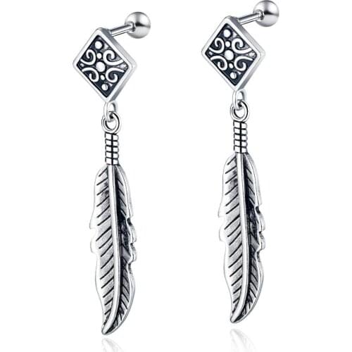 Punk vintage stainless steel feather studs earrings for men 2020 fashion kpop jewelry accessories wholesale pendientes hombre