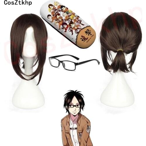 Attack on Titan Hange Zoe Cosplay Wig Dark Brown Synthetic Hair with Wig Cap Hanji Zoe Anime Cosplay Glasses glasses case Role