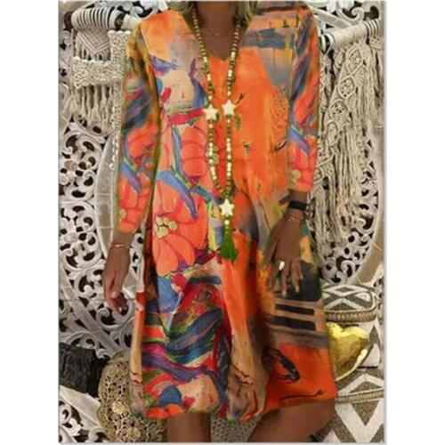 Oversize Casual Loose Vintage Printing Women Dress Summer V-Neck Long Sleeve A-Line Dress Fashion Plus Size Ladies Midi Dresses