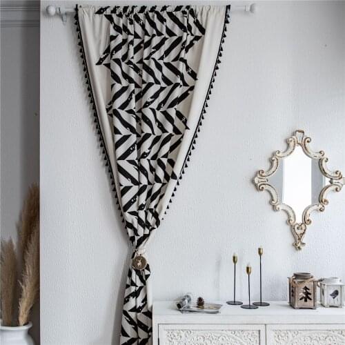 1.5M Width Cotton Linen Printed Black Geometric Curtain Semi-blackout Kitchen Curtain Bay Window Curtain