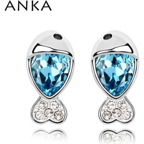 ANKA Fashion Brand Delicate Stud Earrings Rhodium Plated Colorful Crystals from Austria Fish Earrings #92142