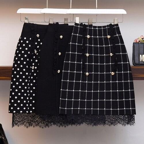 Knitting Women Skirt New Patchwork Lace Double Breasted Skirts Black Grid Elegant Versatile Fashion Comfortable Temperament