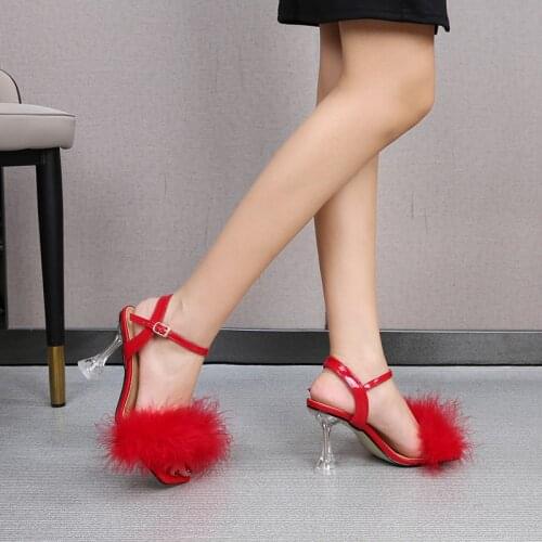 Sexy Feather Furry High Heels Peep-Toe With buckle Woman Shoes Crystal Heel 9cm Fashion Party Shoes Furry Sandals Summer 2021