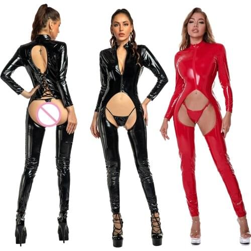 Women Sexy Hollow Out Latex Catsuit PVC Faux Leather Wetlook Jumpsuit Front Zipper Back Strappy Bodysuit Open Crotch Costume