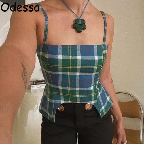 Odessa 2021 Vintage Backless Cut Out Tank Top Off Shoulder Plaid Strap Camis Fashion Summer Women Bandage Hollow Out Crop Tops