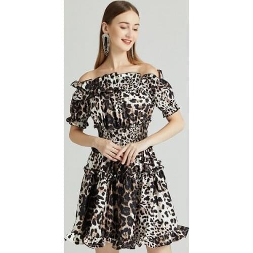 Summer Runway Leopard Print Slash Neck Puff Sleeve Boho Dress Women Off Shoulder Elastic Waist Beach Mini Dress