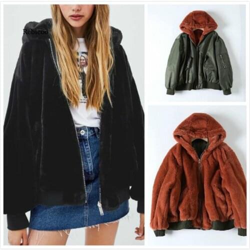 Winter Reversible Hooded Jacket Faux Fur Fleece For Winter Womens Tops Bomber Jackets Coats Black Outwear With Long Sleeve