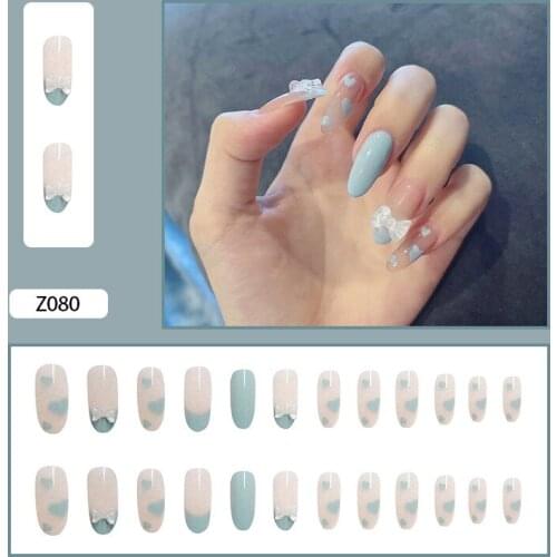 24Pcs/Set Blue Fake Nails Long Coffin Removable Nail Sliders Simple 3D Bow Design ​Accessories Nails Supplies For Professionals