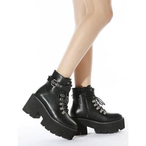 35-43 Autumn Winter Chunky Heel Platform Boots Lace-up Black Gothic Boots Women Comfortable Sexy Buckle Footwear Cowboy Boots