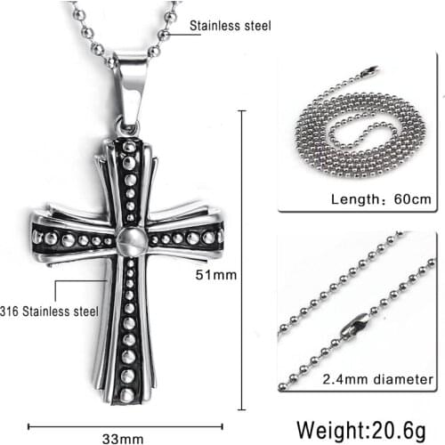 High Quality Stainless Steel Silver Color Vintage Cross Design Pendant Mens Boys Jewelry Pendant Necklace Round Bead Chain 24