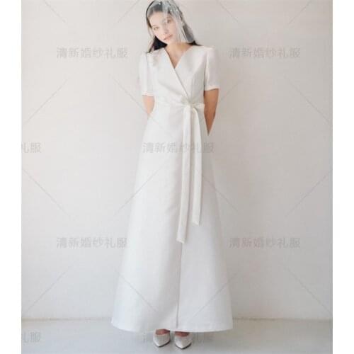 Elegant Soft Satin V Neck Simple Short Sleeve A-line Floor Length Wedding Gown Wedding Dress Bride robe de mariée