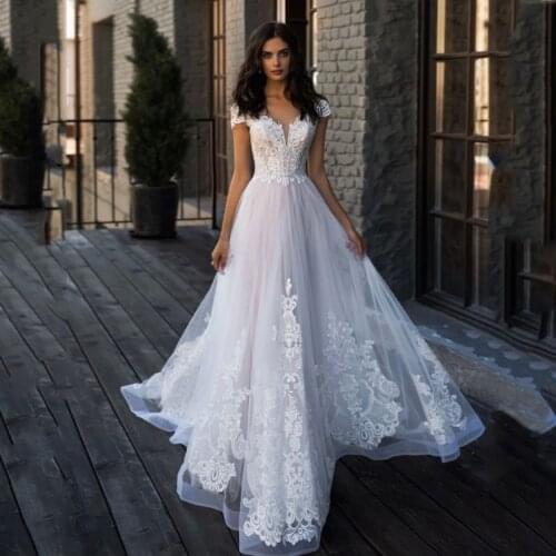 Elegant Wedding Dress 2021 A-Line Cap Sleeve Sheer Neck Appliques Button Sweep Train Tulle Bridal Gown Vestidos De Noiva