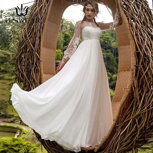 Elegant Bohemian Boho Beach Wedding Dresses Chiffon Lace A-line Bridal Gown Long Sleeve O-neck Vestido De Noiva Bridal Dresses