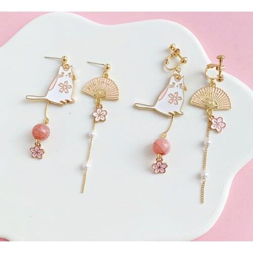 Enamel Cat Animal Earrings Gold Color White Pink Fan Cat Ear Clips Earring Imitation Pearl For Women Hoop Earrings Party Jewelry