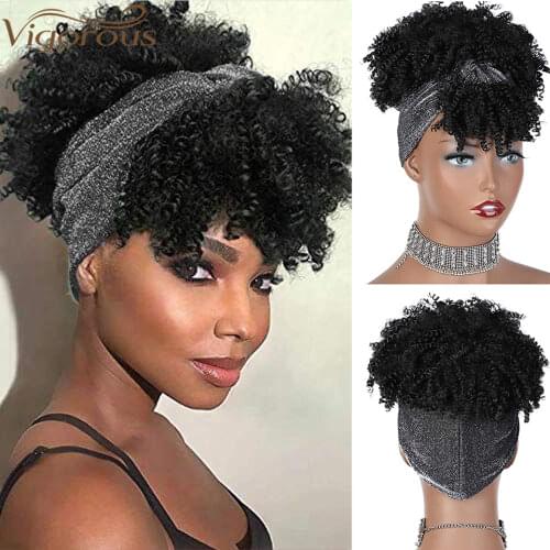 Vigorous Synthetic Headband Wigs Short Black Kinky Curly Wig with Bangs Afro Puff Wigs for Women Silver Turban Head Wrap Wig
