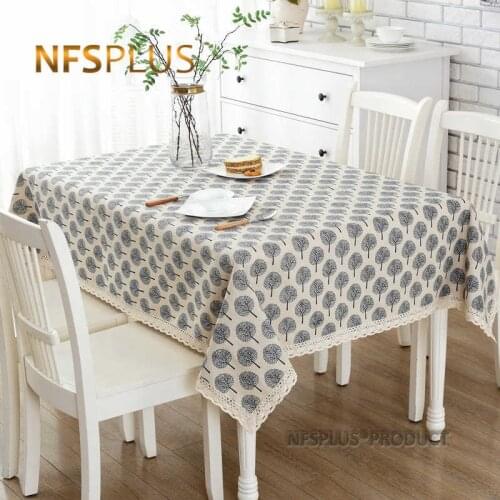 Cotton Linen Tablecloth with Lace Trim Floral Printed Table Cover for Wedding Party Christmas Picnic Home Decorative Table Cloth