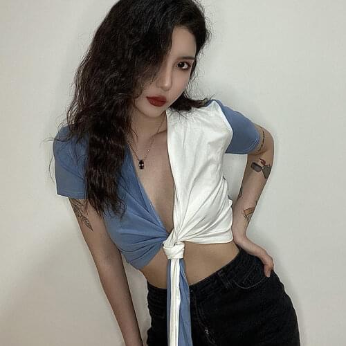 INS New Personality Contrast Color Stitching Lace-up Short-Sleeved T-shirt Womens Summer Reverse Short Tight Top