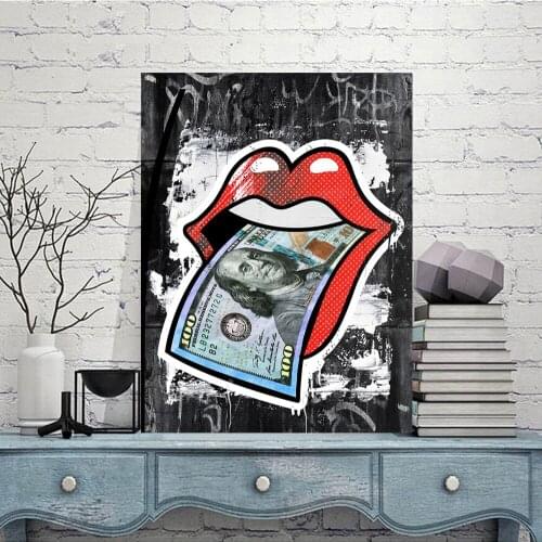 Quote Woman Lips with US DOLLAR Print Wall Oil Painting on Canvas Picture Living Room Money Creative Art Posters